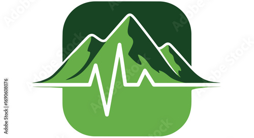 Mountain pulse logo concept with a green peak silhouette and a white EKG heartbeat line, symbolizing outdoor adventure, health, and a connection with nature