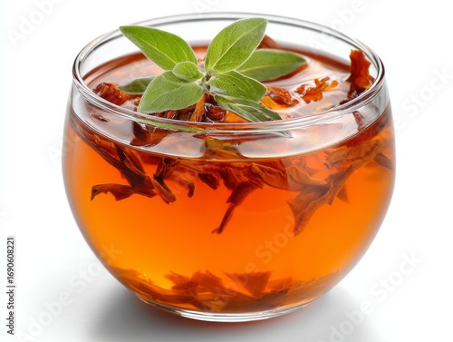 A close-up view of a glass bowl filled with aromatic tea, showcasing dried tea leaves and fresh herbs, creating a warm and inviting visual experience.