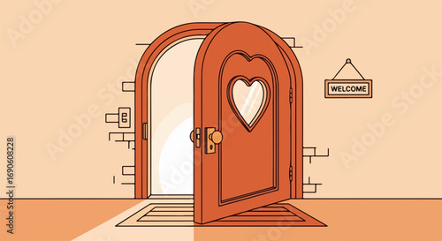 A welcoming open door with a heart-shaped window symbolizes an invitation to a loving home or a new opportunity