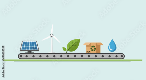 Conveyor belt illustrating the journey of sustainable production and eco-friendly energy sources, highlighting renewable resources and environmental responsibility
