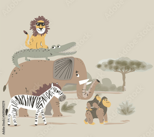 jungle animal graphic elephant, lion, gorilla, gorilla baby, zebra, crocodile animal forest jungle, and background 