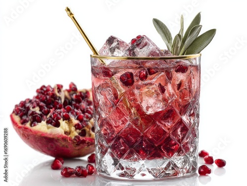 A refreshing pomegranate cocktail garnished with fresh sage sits in a crystal glass with ice cubes and pomegranate seeds.