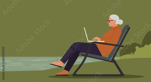 Elderly woman relaxes outdoors by water, working or connecting on a laptop. Illustrates modern senior lifestyle, remote work, and digital engagement in a serene natural setting.