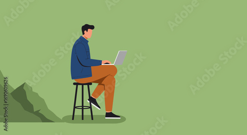 Man using laptop while sitting on a stool in a serene green outdoor setting, symbolizing remote work, digital lifestyle, and flexible productivity.