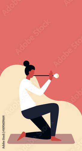 Woman kneeling, holding a glowing lightbulb, symbolizing idea generation, creativity, and innovative thinking for business success or personal growth.