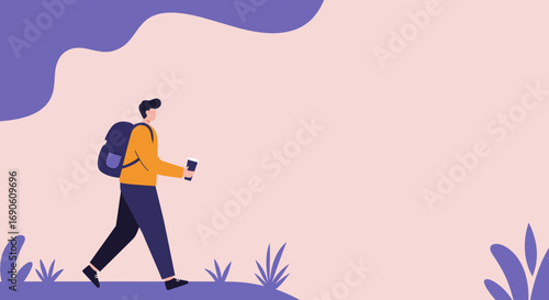 Young man with a backpack walking and holding coffee, conveying daily commute, travel, or a casual lifestyle. Ideal for design templates.