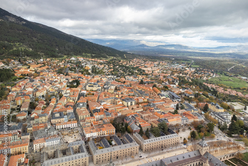 Aerial view of San Lorenzo de El Escorial, famous village in Madrid, Spain. High quality photo