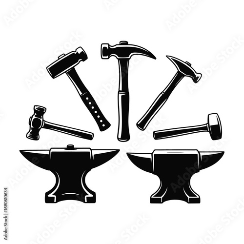 Collection of blacksmith hammers and anvils in silhouette