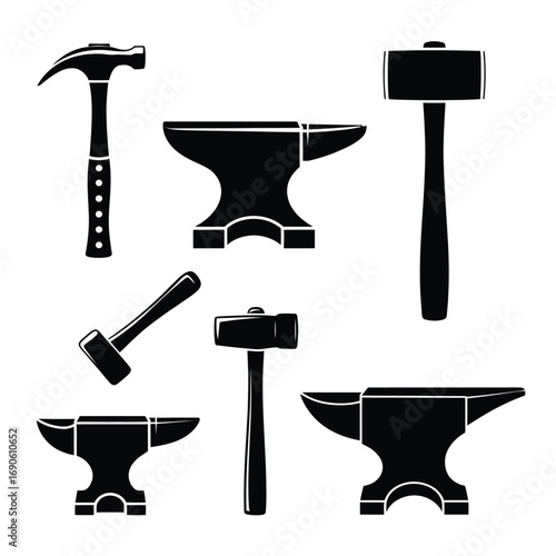 Collection of blacksmith hammers and anvils silhouettes