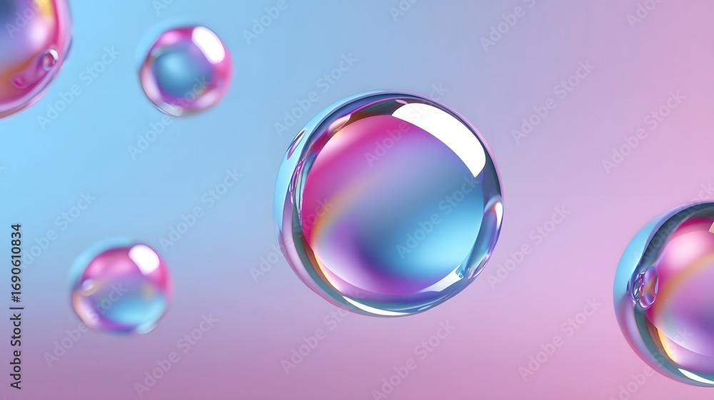 Obraz premium Ethereal, iridescent bubbles float weightlessly, their reflective surfaces creating a surreal, dreamlike scene with a pastel color gradient backdrop.