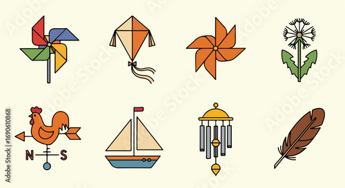 Colorful Windmills, Kites, and Nature Icons.