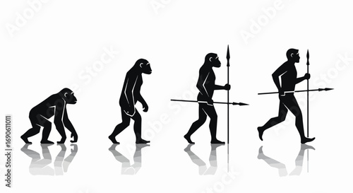 Evolutionary Stages of Hominids with Spears on White Background.