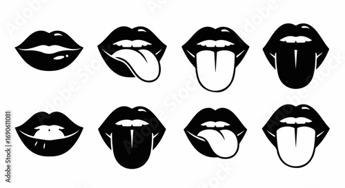 Set of eight black and white lips with tongues sticking out.
