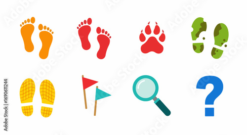 Set of Footprint Icons and Detective Tools.