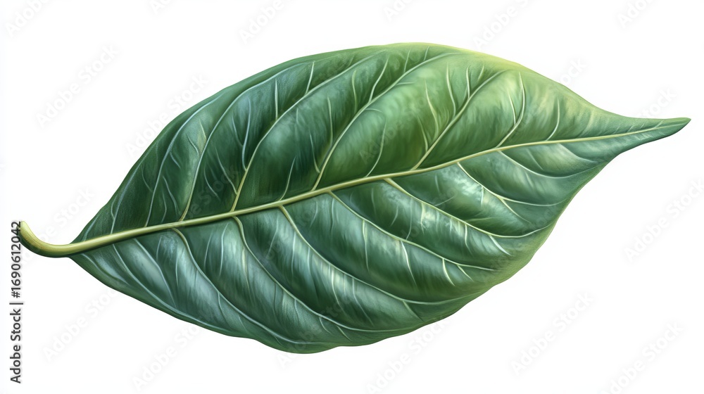 Obraz premium A detailed illustration of a single, vibrant green leaf, showcasing intricate vein patterns and subtle texture variations against a stark white background
