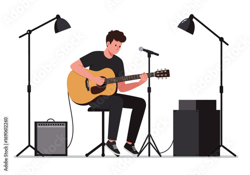 Man Playing Acoustic Guitar on Stage with Microphone and Lights