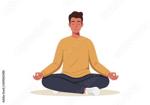 Man Meditating in Lotus Position with Eyes Closed and Relaxed Expression