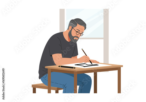 Man with Beard Drawing at Table by Window, Focused on Art