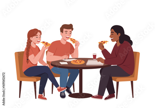 Three Friends Enjoying Pizza Together at a Round Table