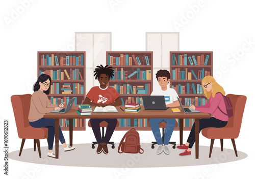 Diverse Students Studying Together in a Library with Bookshelves
