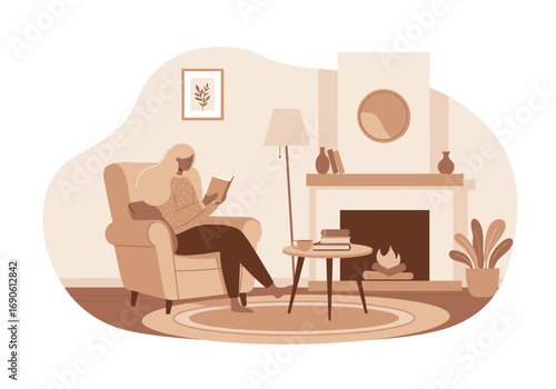 Woman Reading a Book in Armchair by Fireplace in Cozy Living Room Illustration