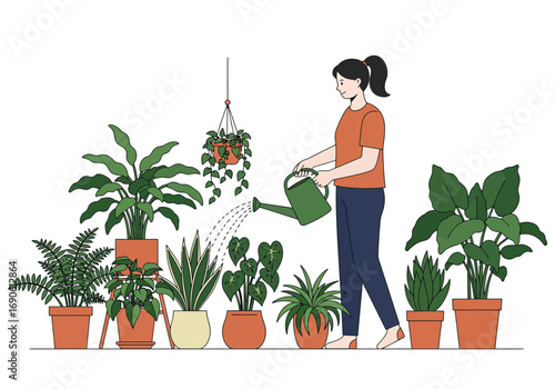 Woman Watering Potted Plants with a Green Watering Can