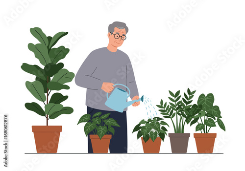 Senior Man Watering Potted Plants Indoors with a Blue Watering Can