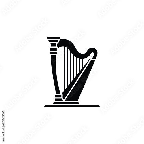 Black silhouette of a classical harp on a white background