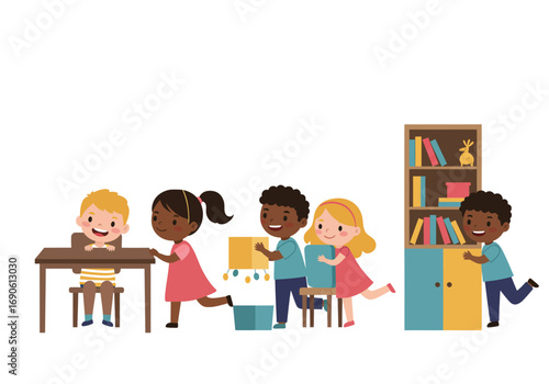 Diverse Group of Children Playing Together in a Classroom Setting