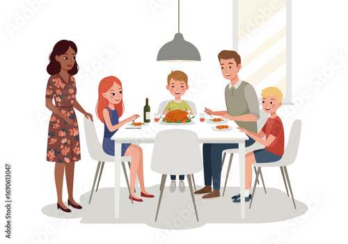 Cartoon Family Enjoying Thanksgiving Dinner at Home Together
