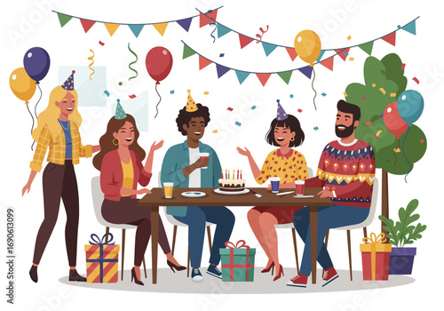 Group of Friends Celebrating Birthday with Cake, Balloons, and Gifts at a Table