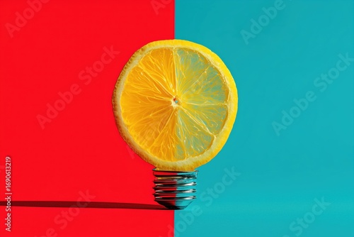 Innovative Idea: A captivating, creative composition featuring a zesty lemon slice ingeniously combined with a light bulb, signifying a vibrant spark of inspiration and inventive thinking.