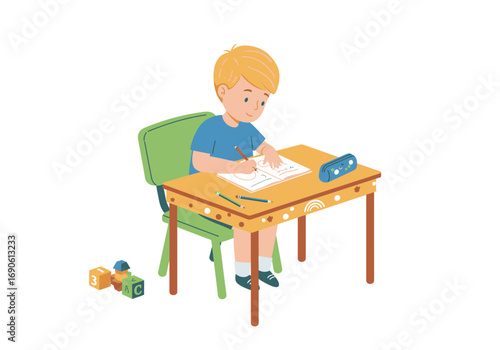 Boy Drawing at a Desk with Colorful Blocks