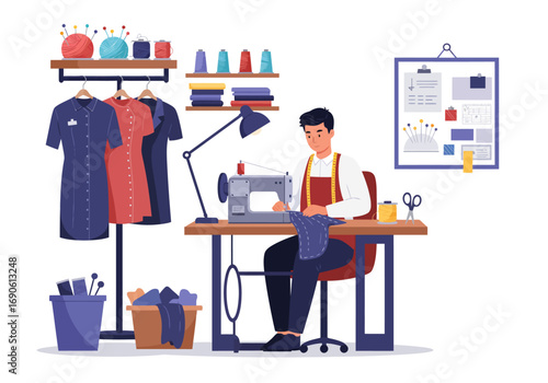 Tailor at Work: Sewing Machine, Fabric, and Design Elements in Studio