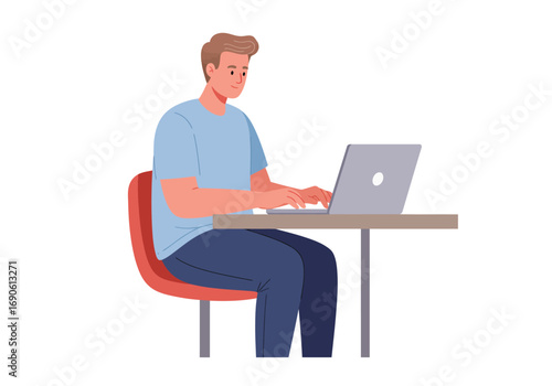 Man Working on Laptop at Desk, Red Chair, Light Blue Shirt
