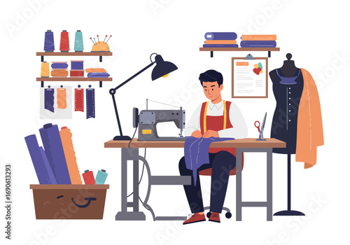 Tailor at Work: Sewing with Machine and Measuring Tape