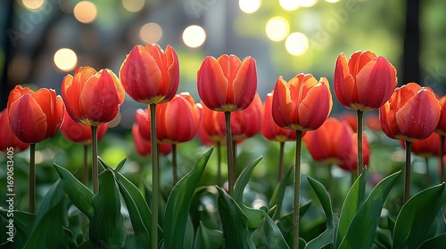 Red Orange Tulips in New York City Park, Spring Blooming Flowers with Blurred Buildings Background, Close-up View
