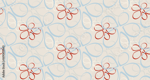 Stylized blue, red, milky flowers in the doodle style form a seamless pattern for postcards, invitations, textiles, websites.