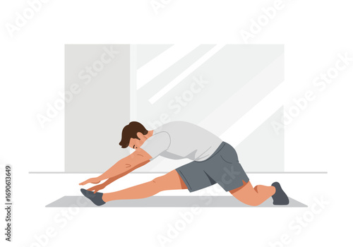 Man Stretching Leg on Mat Fitness Routine Flexibility Exercise.