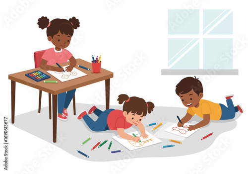 Children Drawing Together: Creative Kids with Crayons and Paper.