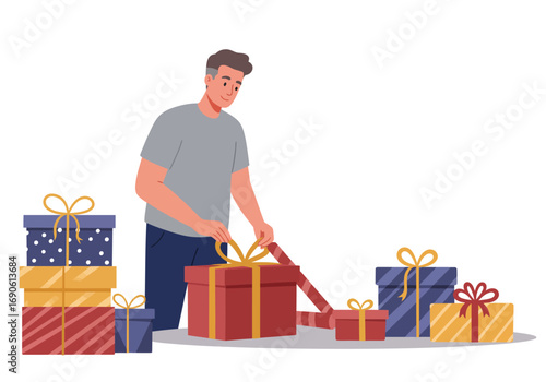 Man Tying Ribbon on Red Gift Box with Other Presents.