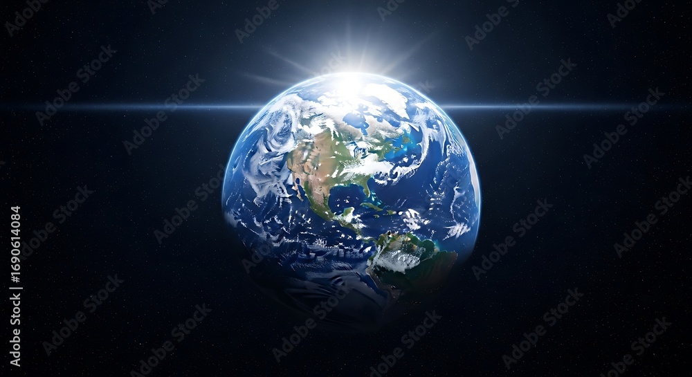 Fototapeta premium Majestic planet earth glowing brightly in outer space with starfield and lens flare