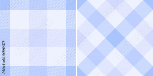 Two soft blue and white plaid patterns sidebyside evoke a sense of calm and domesticity. Ideal for backgrounds, textiles, and designs needing a classic, cozy touch.