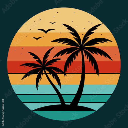 A solitary palm tree is silhouetted against a vibrant sunset sky over a tropical beach