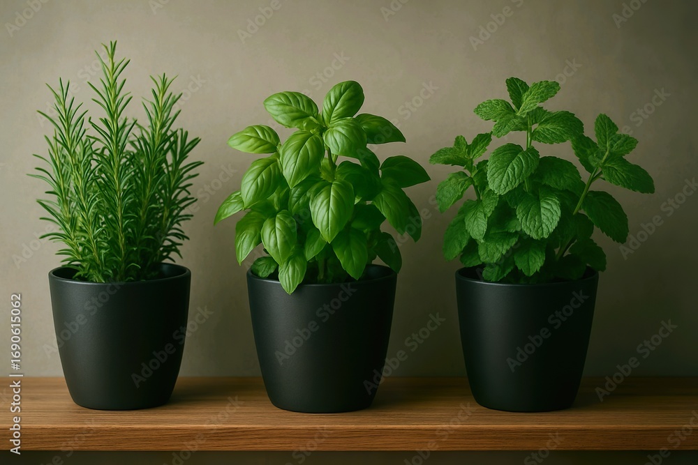 Obraz premium Fresh Green Basil and Herb Plants in Pots