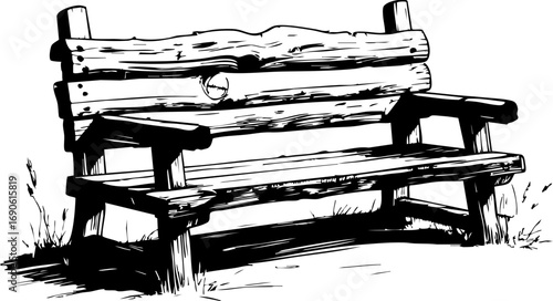 Resting on a rustic bench in nature scenic landscape black and white artwork tranquil environment artistic viewpoint serenity