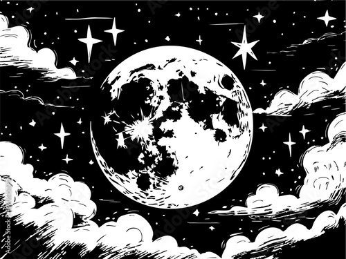 Celestial night sky event featuring a full moon amidst stars and clouds in a serene landscape viewpoint