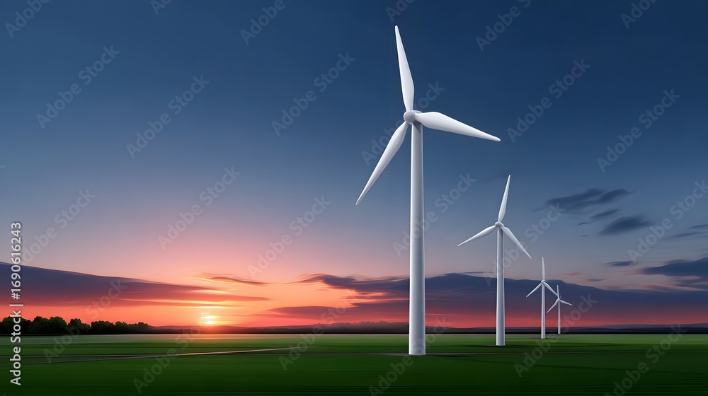 Obraz premium Rows of wind turbines standing tall in a rural countryside setting, their blades silhouetted against a backdrop of a vibrant, colorful sunset sky.