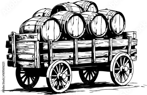 Vintage wooden cart loaded with barrels rustic farm setting high-quality warm environment side view craftsmanship