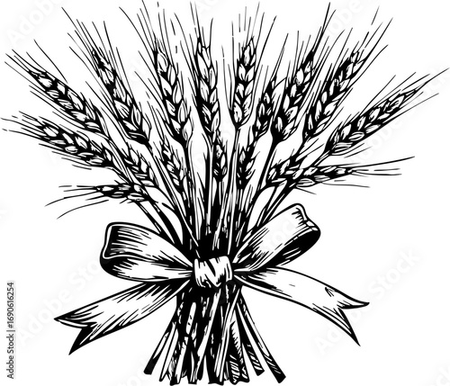 Harvesting wheat bundles rustic farm illustrative artwork agricultural setting close-up traditional farming techniques